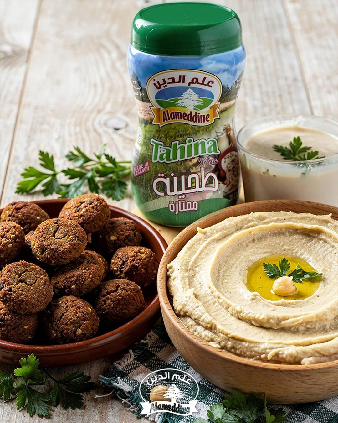 Tahini sauce with falafel and hummus